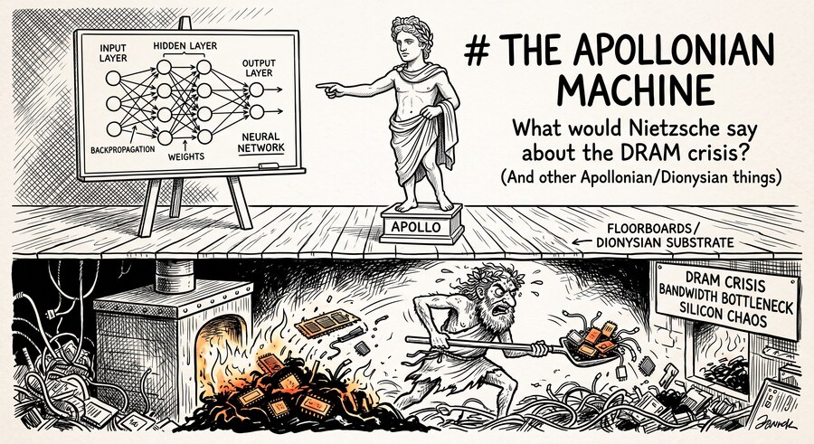 Pen-and-ink cartoon in two halves. Above the floorboards, a marble statue on a pedestal labelled "APOLLO" points at an easel holding a clean neural-network diagram — input layer, hidden layer, output layer, weights, backpropagation. The title beside it reads "The Apollonian Machine — What would Nietzsche say about the DRAM crisis? (And other Apollonian/Dionysian things)". Below the floorboards, labelled "FLOORBOARDS / DIONYSIAN SUBSTRATE", a wild-haired satyr-like figure hauls a shovel of DRAM sticks into a burning furnace amid heaps of memory modules and tangled cable, beside a signpost reading "DRAM CRISIS / BANDWIDTH BOTTLENECK / SILICON CHAOS".