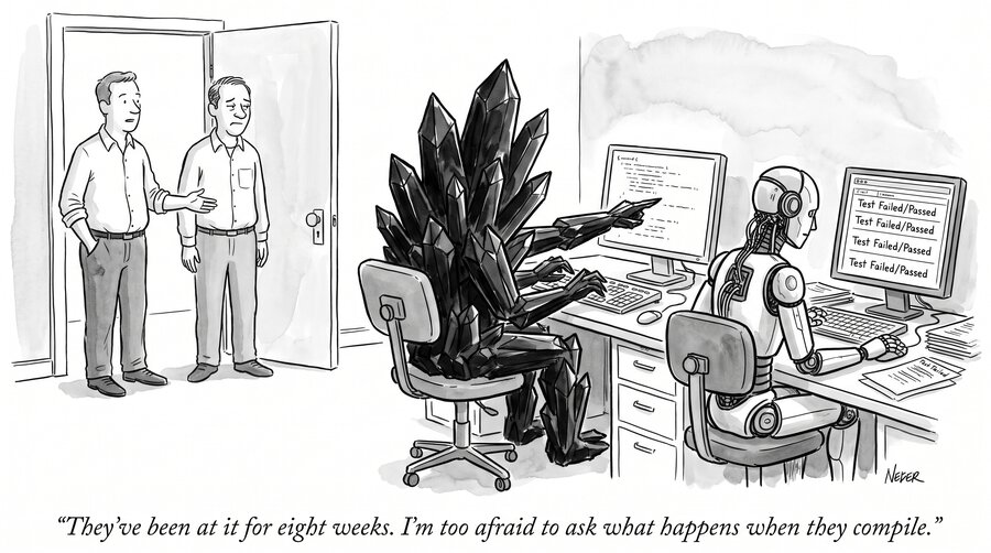 Single-panel cartoon: two men stand in an office doorway watching a figure made of black crystals and a humanoid robot working side by side at computers, the robot's screen reading "Test Failed/Passed" over and over. Caption: "They've been at it for eight weeks. I'm too afraid to ask what happens when they compile."