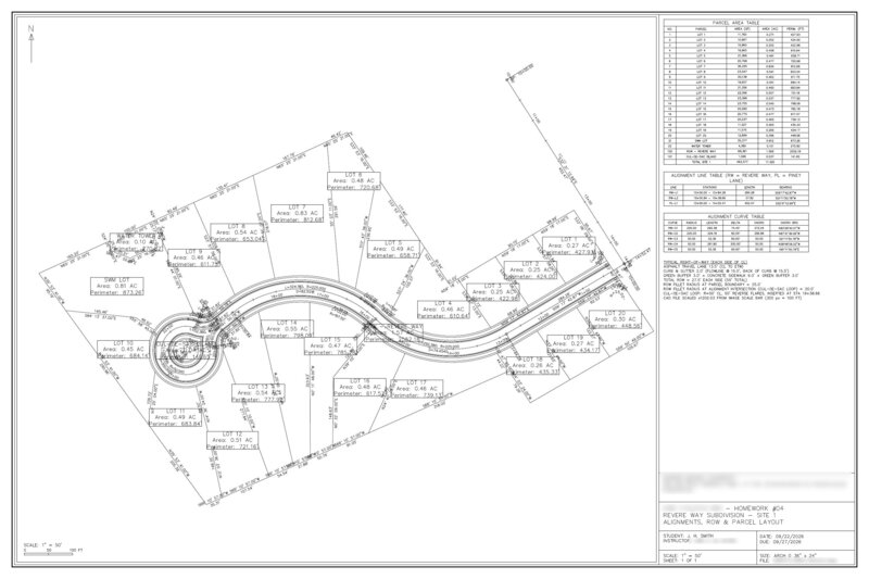 Claude's plotted 36×24 Civil 3D sheet for the Revere Way subdivision at 1 inch = 50 feet. Twenty lots plus stormwater, water tower, and right-of-way parcels are drawn and labelled with area and perimeter, alongside a parcel area table, alignment line and curve tables, and a typical right-of-way note. Labels crowd together around the cul-de-sac and the water tower.