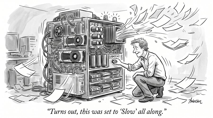 Cartoon: a man crouches beside the $1,000 eBay server, turning a knob labeled UBATCH as paper streams out of the machine. Caption: "Turns out, this was set to 'Slow' all along."